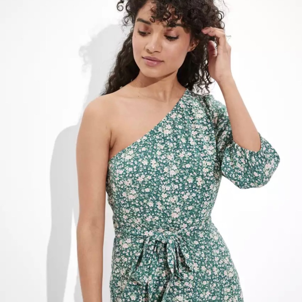 Green Floral One-Shoulder Midi Dress